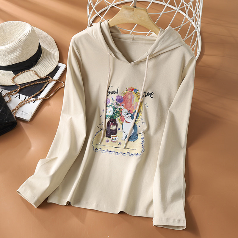 春秋薄款短款长袖t恤女上衣百搭修身纯棉印花连帽卫衣女2024新款
