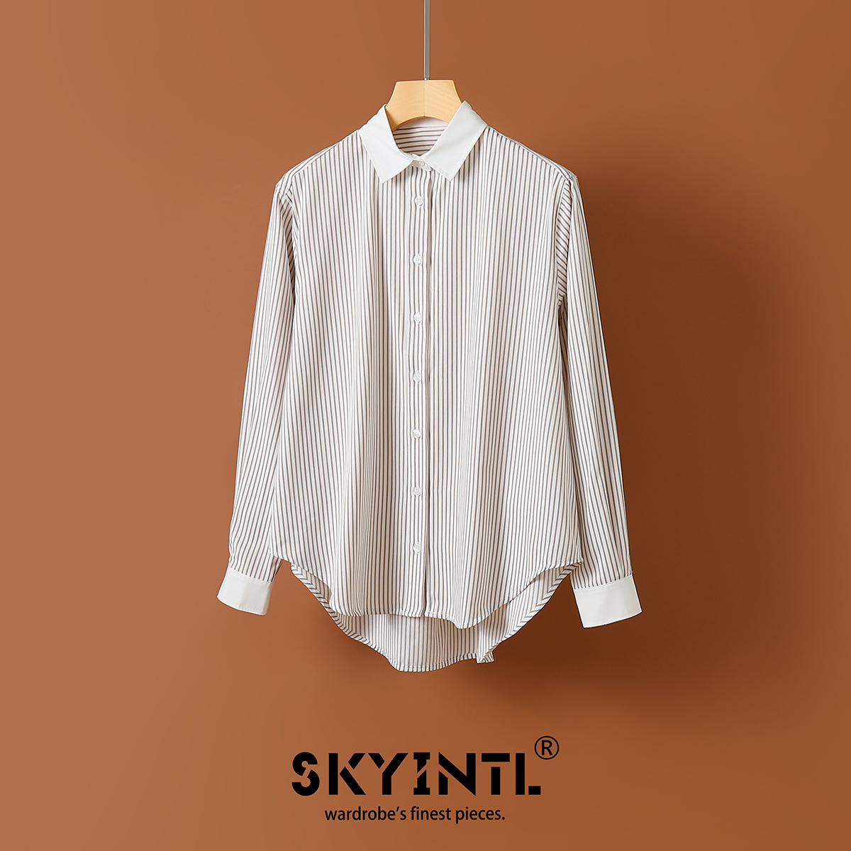 时尚撞色前短后长弧形条纹衬衫