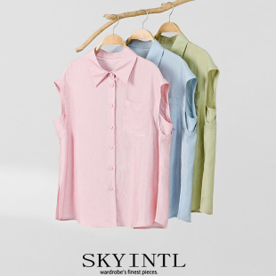 SKYINTL时尚 法式 连肩小飞袖 气质醋酸衬衣女宽松休闲百搭凉感衬衫