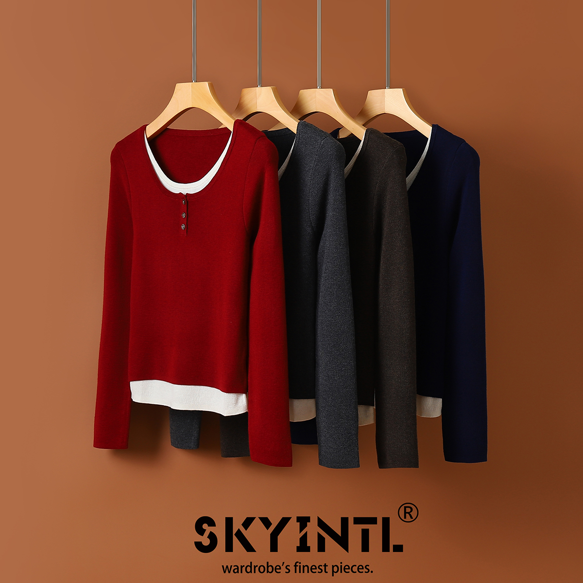 加厚假两件圆领针织衫打底衫女