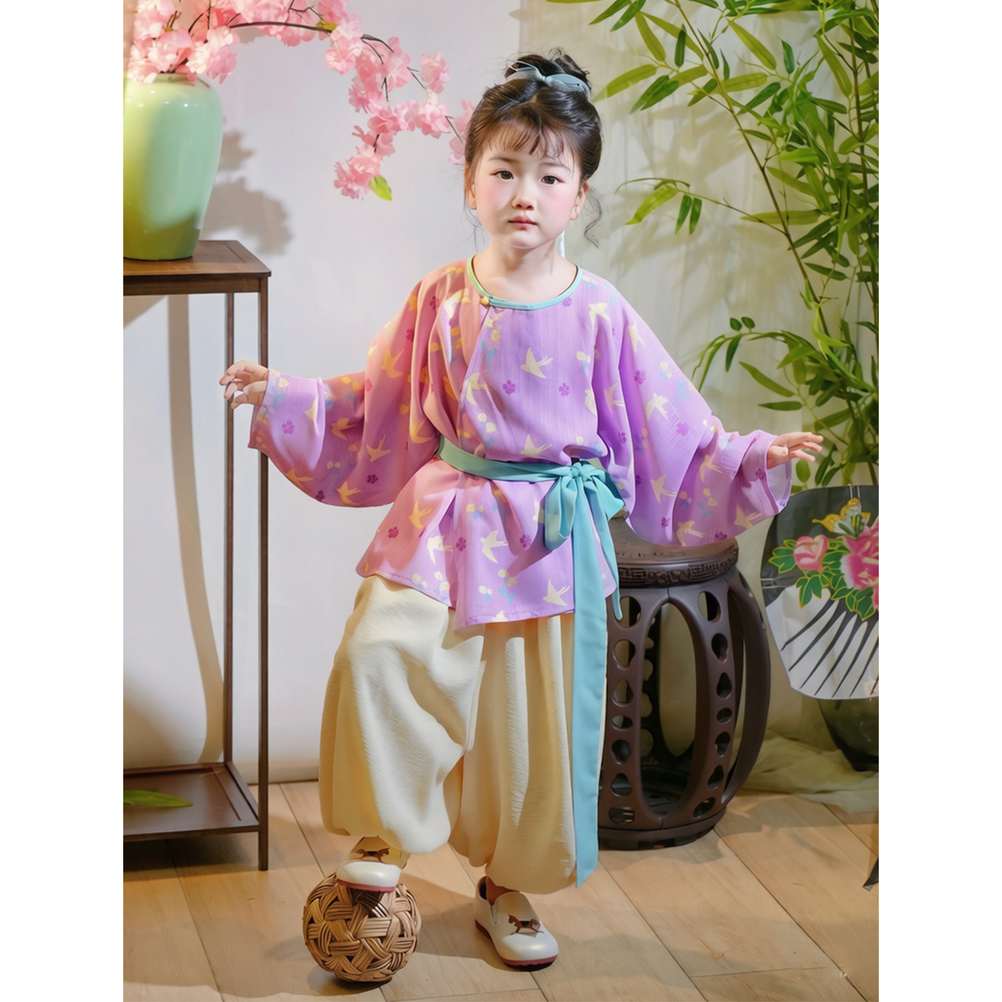 女童汉服演出服男童唐制印花平民日常圆领袍腰带裤子古风童装班服