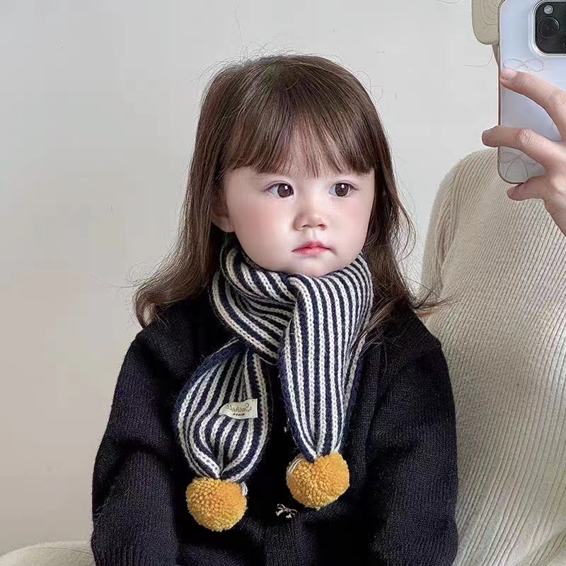 韩系ins风 儿童竖条纹洋气毛球护劲保暖围脖男女童日常穿搭小围巾