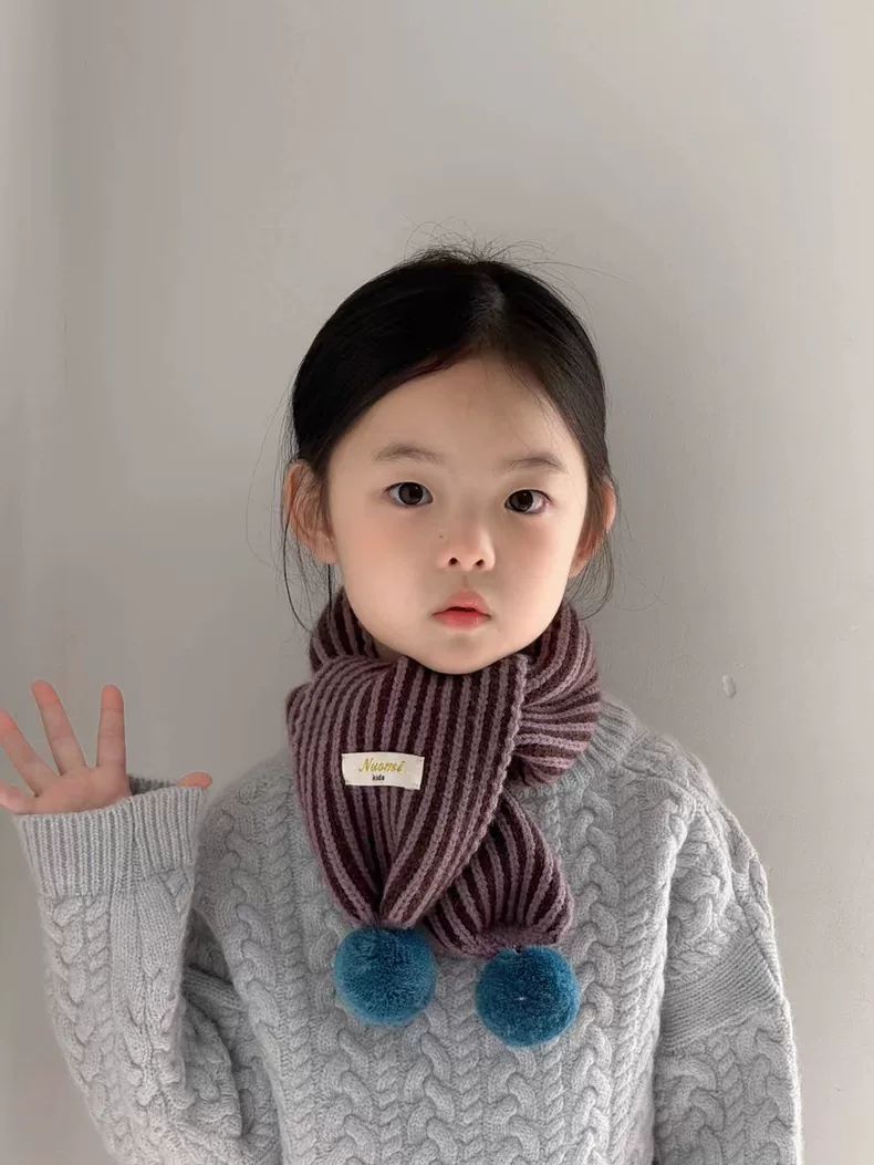 韩系ins风 儿童竖条纹洋气毛球护劲保暖围脖男女童日常穿搭小围巾