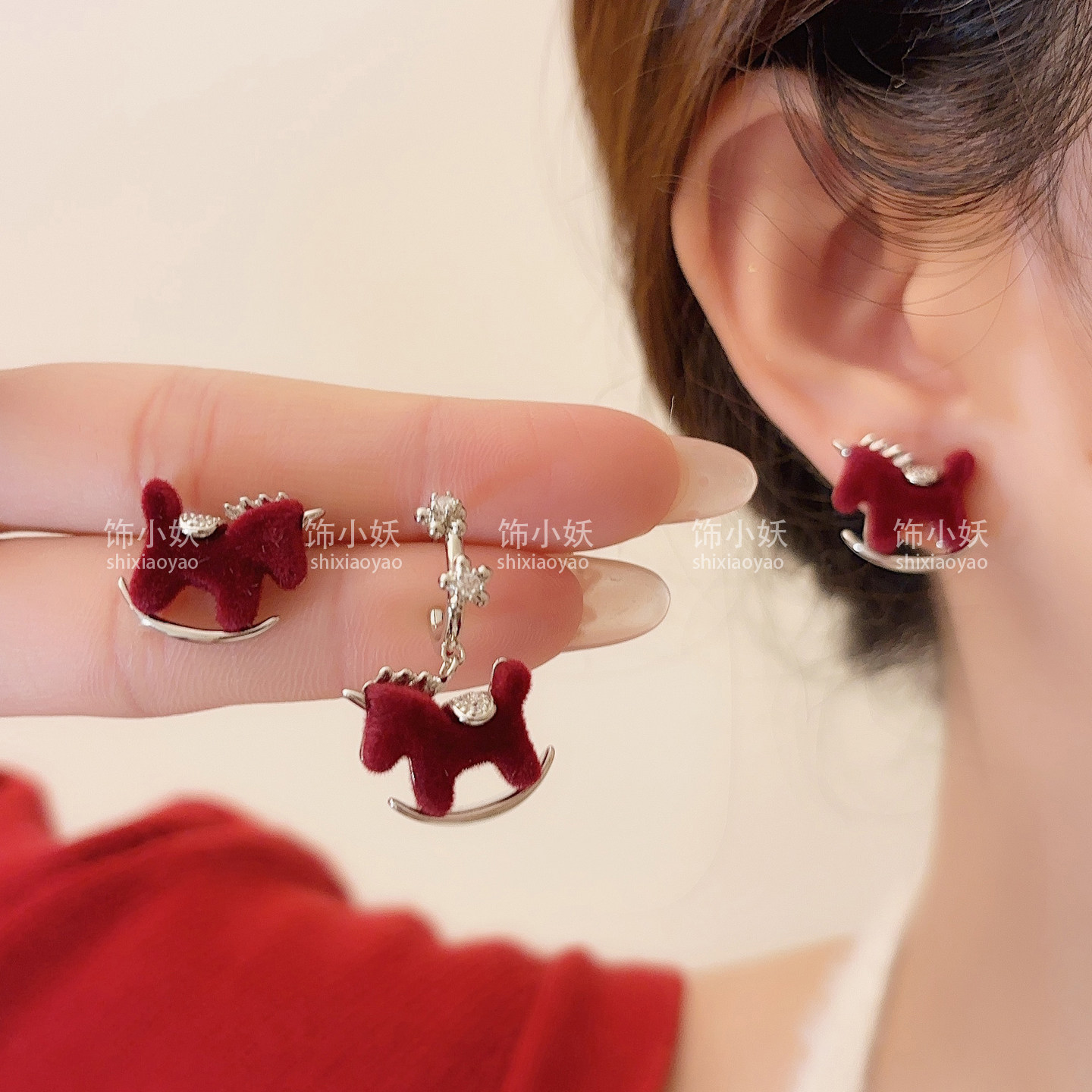 秋冬复古植绒小马耳钉小众设计感