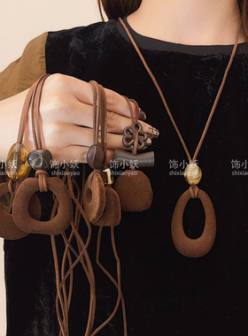 咖色植绒几何项链女复古不规则