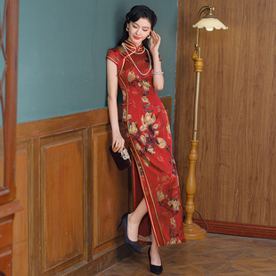 贵夫人桑蚕丝红色真丝旗袍女喜妈妈喜婆婆的高档婚礼服婚宴敬酒服