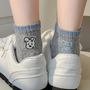 薄款 灰色小狗袜子女短袜春夏季 ins潮卡通刺绣点子纱低帮中筒袜女