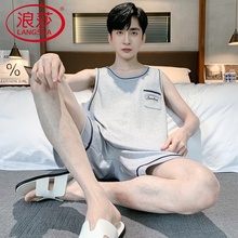 浪莎睡衣男士夏季纯棉背心短裤套装薄款无袖大码男款夏天家居服