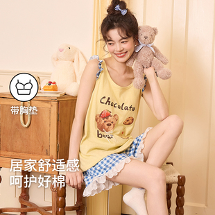夏季 卡通可爱家居服套装 纯棉背心短裤 无袖 薄款 浪莎带胸垫睡衣女款