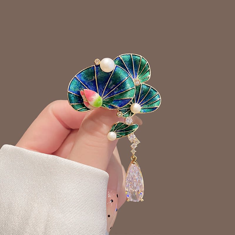 国风好运莲莲胸针高档睡莲流苏珍珠别针绿色中式胸花西装旗袍配饰