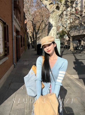 【SIMONA 1/28 20:00】baby蓝 tb针织开衫v领女修身显瘦短款温柔