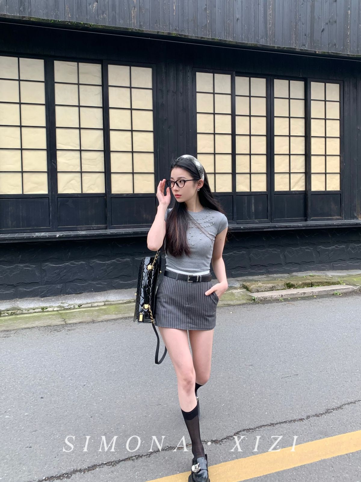 包臀短款条纹显腿长裙裤学院西装