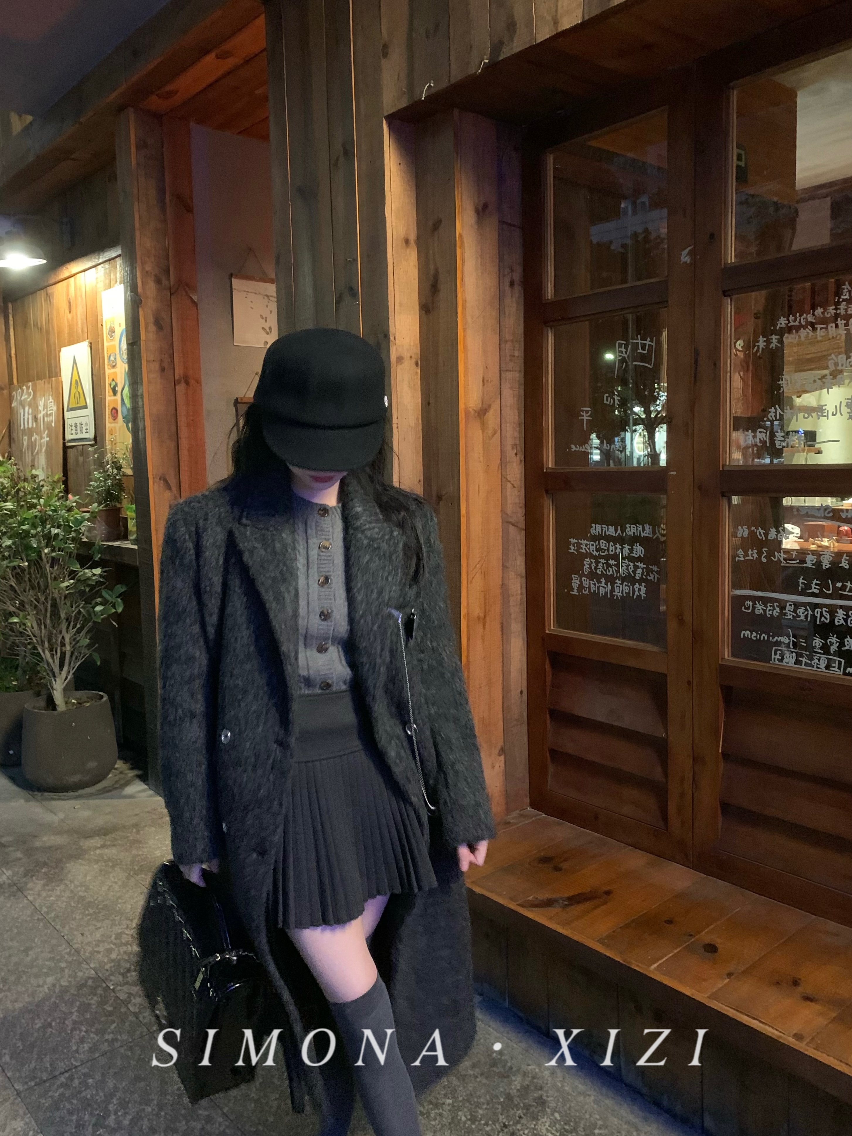 高腰毛呢百褶短裙深灰色