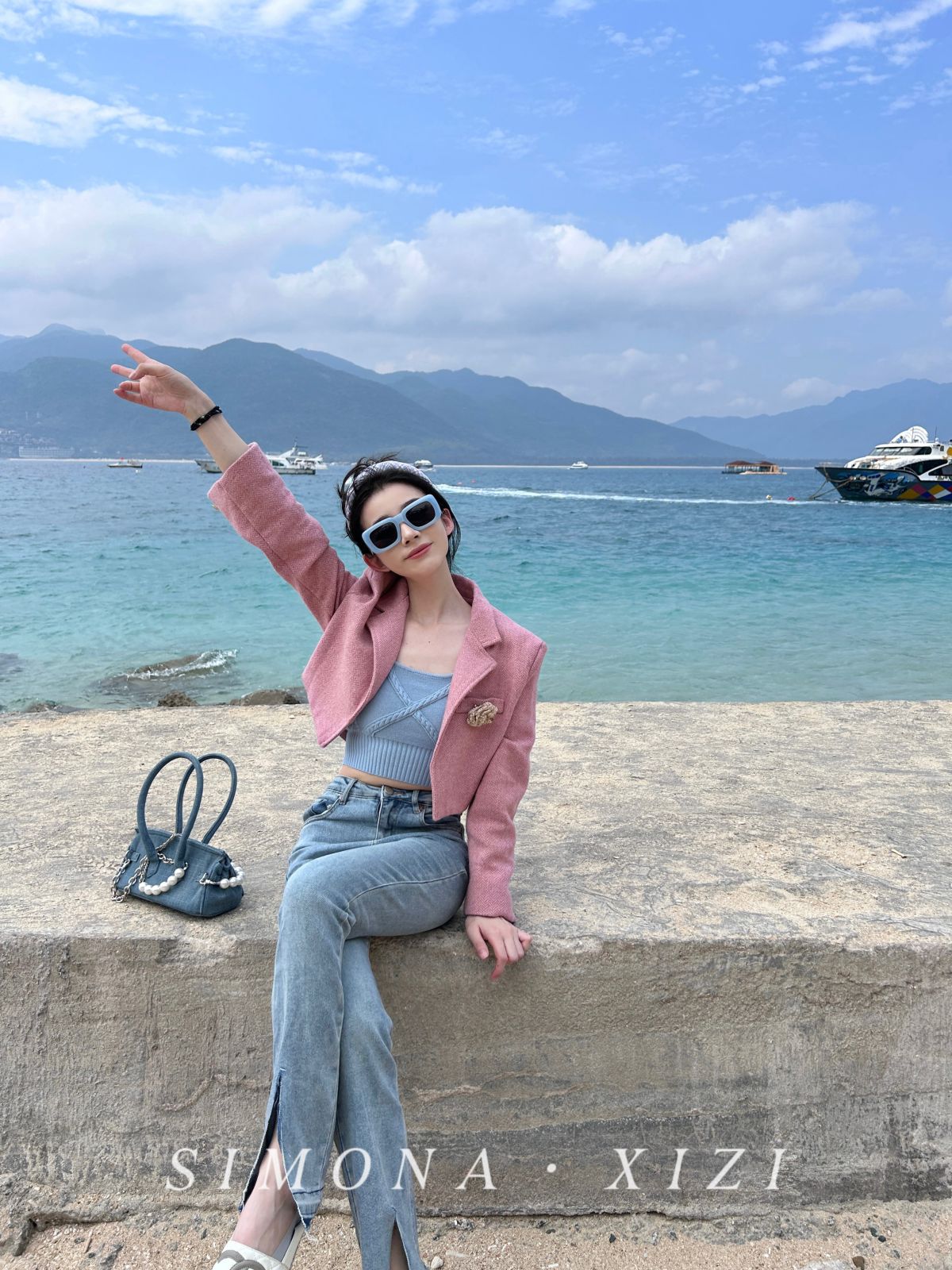 SIMONA 冰莓果 粉色西装外套短款正肩显腿长显白胸针通勤
