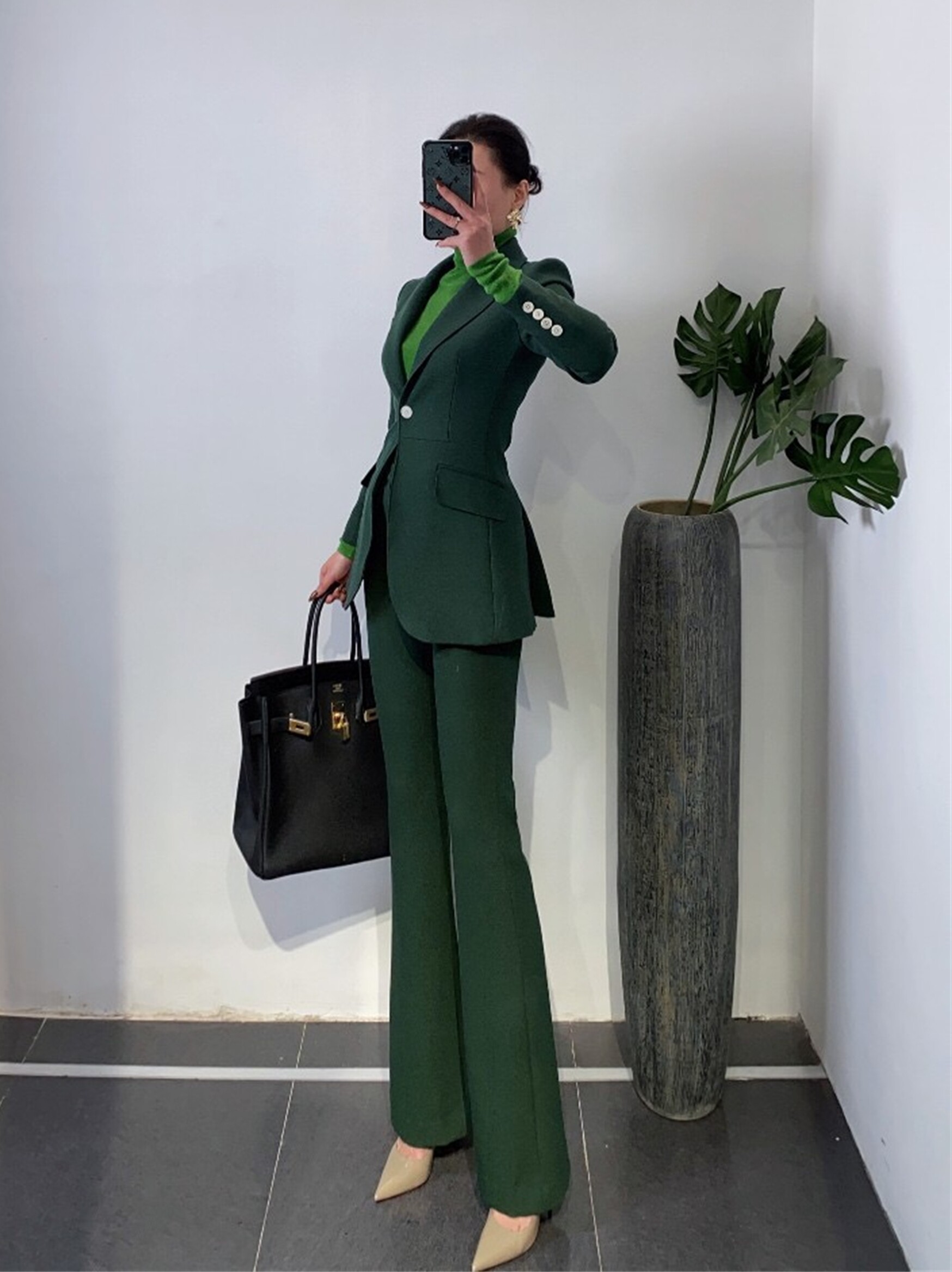 ZEROYK 고급 직업복 왕언니 여신 기질 웨이스트 슈트 부츠컷 팬츠 통근 정장 투피스 세트