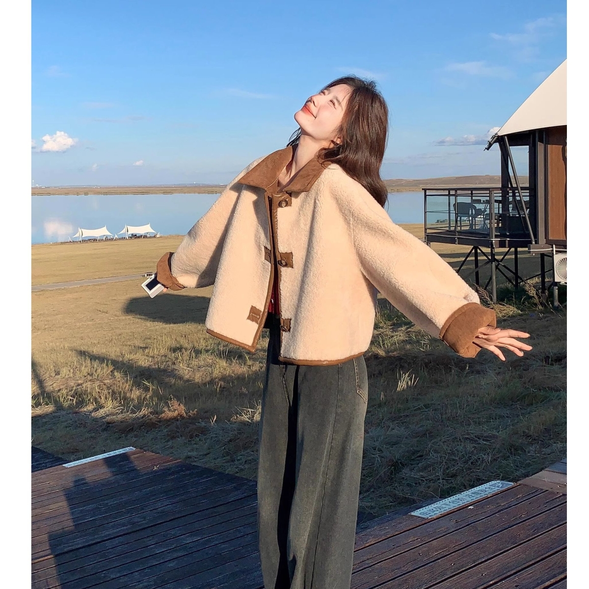 双面穿皮毛一体羊羔毛外套女春秋2025新款初冬加厚短款麂皮绒上衣
