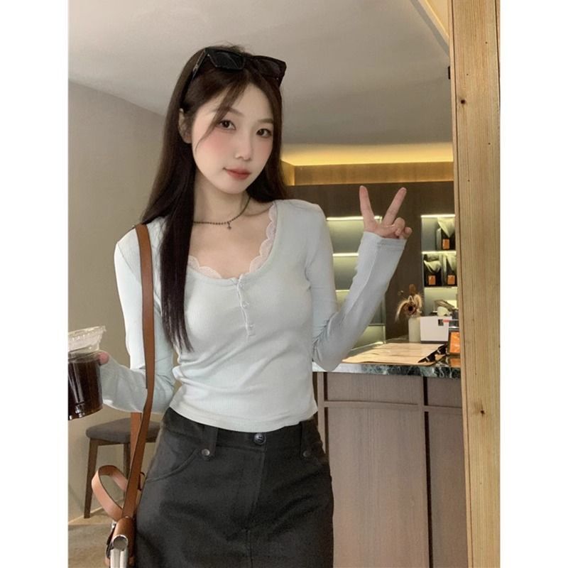 MR网购  大码辣妹方领正肩长袖T恤秋季女装胖mm打底衫甜辣小上衣