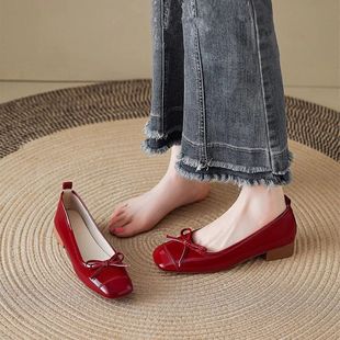 小香風(fēng)淺口方頭中跟媽媽鞋 子 女低跟2025春秋新款 蝴蝶結(jié)粗跟單鞋