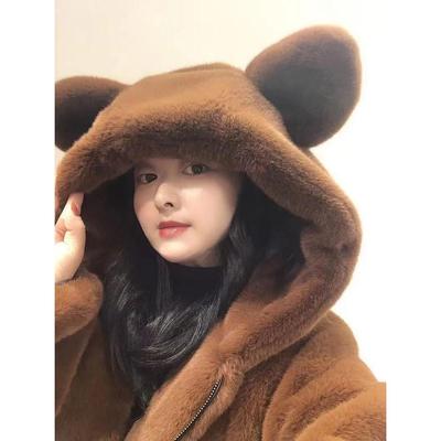 2025冬季新款连帽宽松可爱耳朵加厚毛毛绒中长款仿皮草外套女