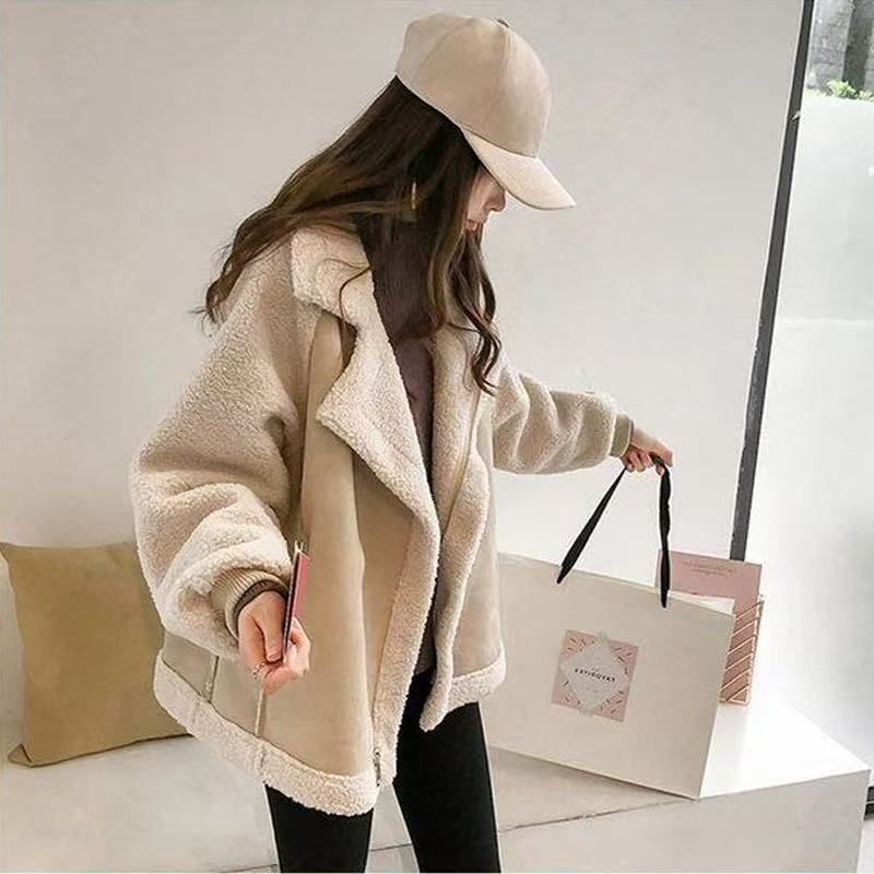 2025新款加厚保暖皮毛一体羊羔毛外套宽松百搭鹿皮绒上衣机车服潮
