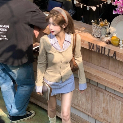 假两件长袖衬衫搭配半身裙子女韩系一整套2025新款早秋系套装