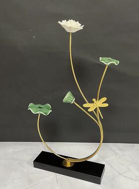 创意荷花摆件新中式铁艺陶瓷莲花工艺品家居客厅玄关电视柜装饰品