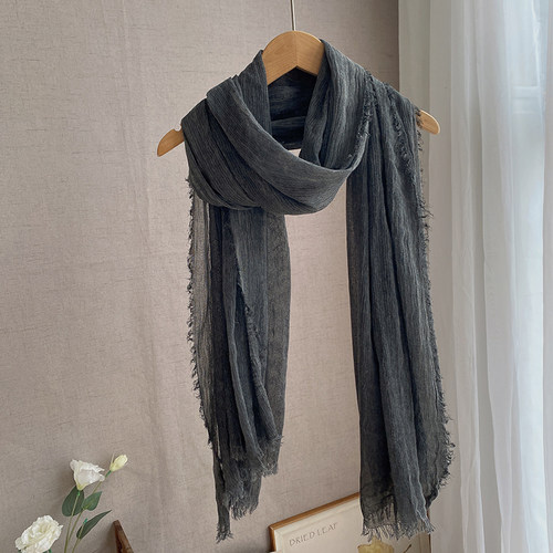 灰色扎染棉麻围巾女薄款