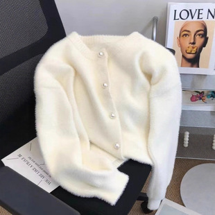 秋软糯薄荷绿色仿水貂绒毛衣开衫 女设计感小众慵懒针织上衣外套