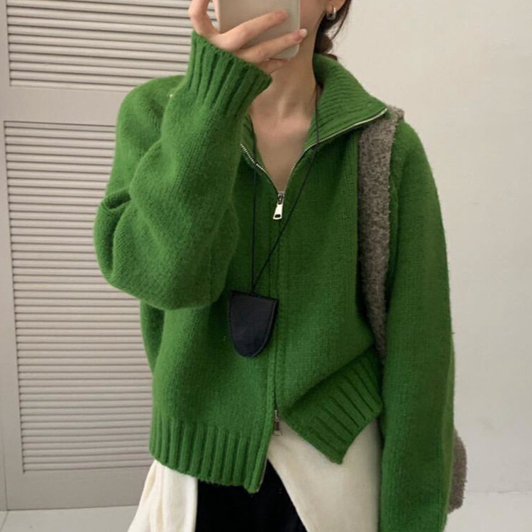 韩系简约立领拉链毛衣开衫女秋新款慵懒风宽松洋气短款针织外套