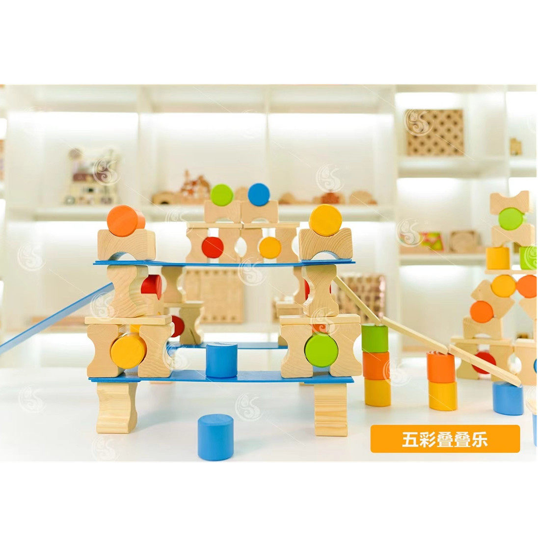 五彩叠叠乐134件幼儿早教园儿童 低结构超大堆叠松木积木平衡积木