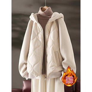 韩版高级感别致拼接加绒连帽外套女款2025秋冬季夹棉保暖减龄上衣
