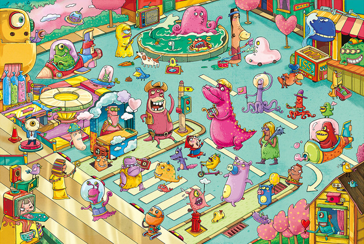 卡通动漫手绘版怪物乐园木质1000片成人拼图儿童益智玩具礼物