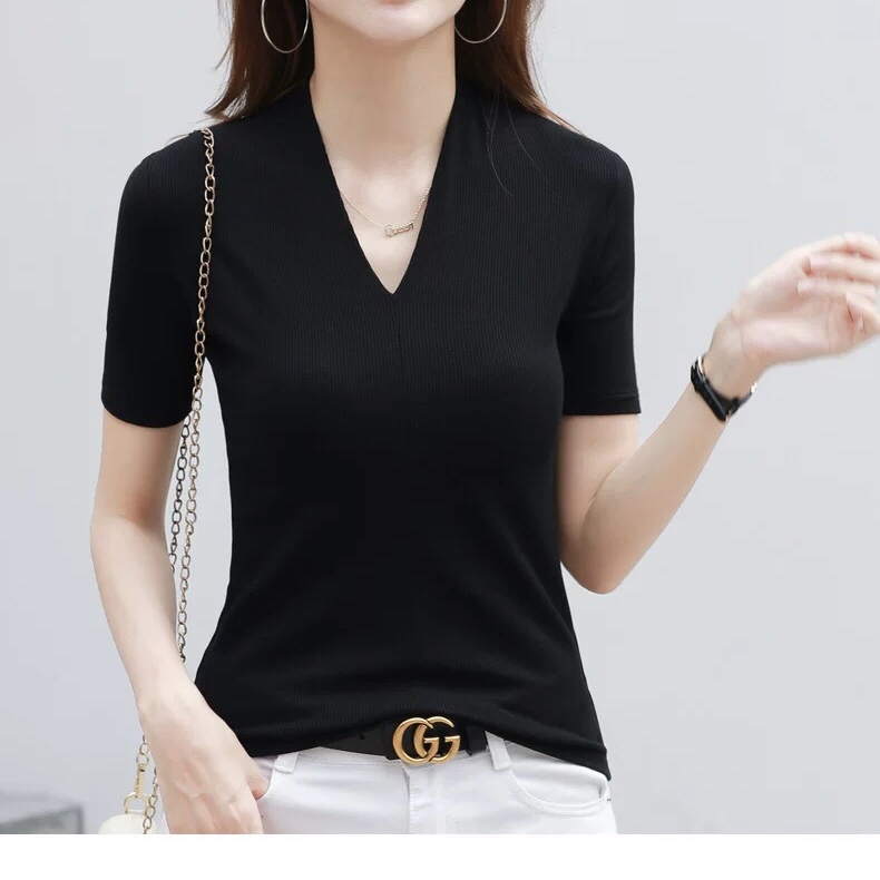 夏季新款深V领短袖t恤女修身显瘦性感时尚黑色螺纹弹力打底衫潮