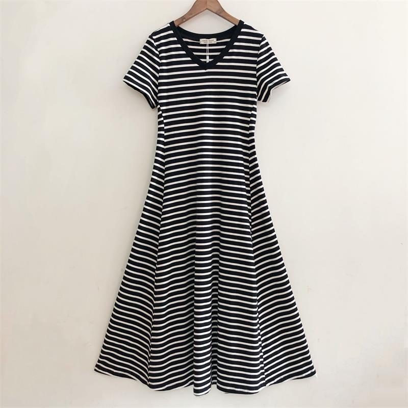 外贸纯棉条纹短袖长裙高腰遮肚显