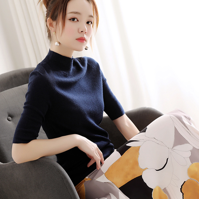 早春基础纯色衬肤舒适细腻绵羊毛弹力显瘦半高领插肩半袖针织衫女