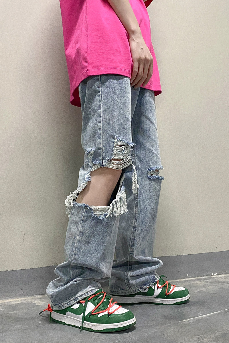 潮牌嘻哈复古宽松直筒破洞牛仔裤男士拖地裤子903-EK58-P55控68,男装牛仔裤,星座903