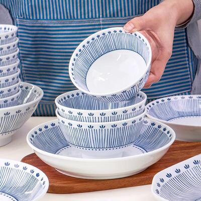 陶瓷碗手绘蓝瓷兰花千叶草高温釉下彩如意碗斗碗乌东面碗唐式盘子