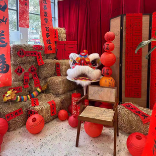新春年味咖啡店打卡拍照氛围感布置国风狮子酒店餐饮店奶茶店装饰