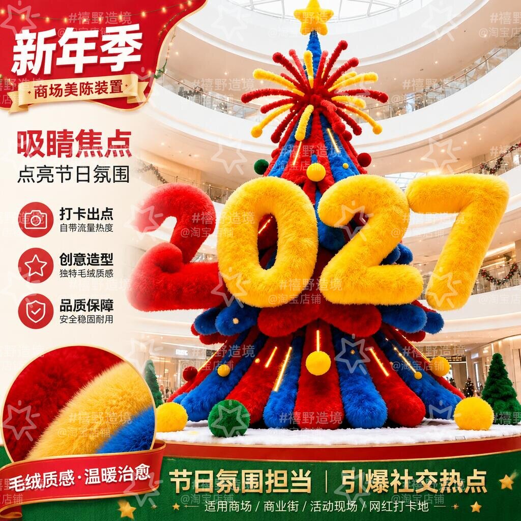 元旦打卡拍照毛绒装置道具商场门店景区门口拍照2027毛绒字定制图片