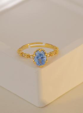 戒指女小众设计金色开口戒轻奢蓝色锆石简约百搭指环2023年新款潮