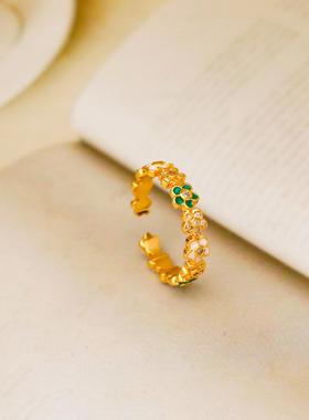 幸运草绿色花朵戒指女夏季新款高级感轻奢气质指环潮可调节食指戒