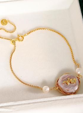 夏季手饰巴洛克珍珠手链女 新款玫瑰花淡紫色巴洛克时尚轻奢手串