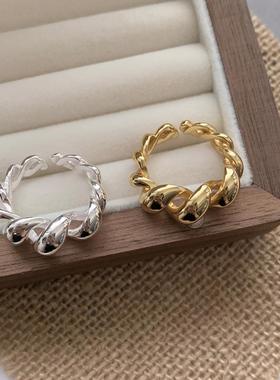 欧美ins冷淡复古百搭925纯银缠绕链条戒指镂空麻花牛角包食指指环