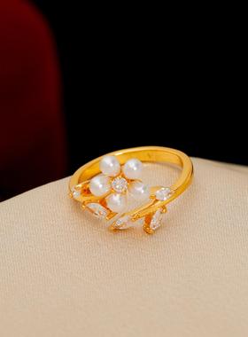 2024新款爆款珍珠花朵戒指女开口可调节戒指女轻奢高级感食指指环