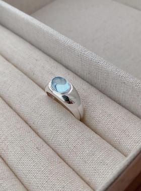 INS博主同款天然海蓝宝水晶戒指女S925纯银高级感百搭可调节指环