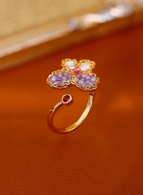 新中式古风紫色蝴蝶戒指女天然巴洛克珍珠花朵食指戒水晶指环戒子