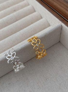 镂空锆石精致花朵戒指女S925纯银韩版小众复古个性简约镶钻食指戒