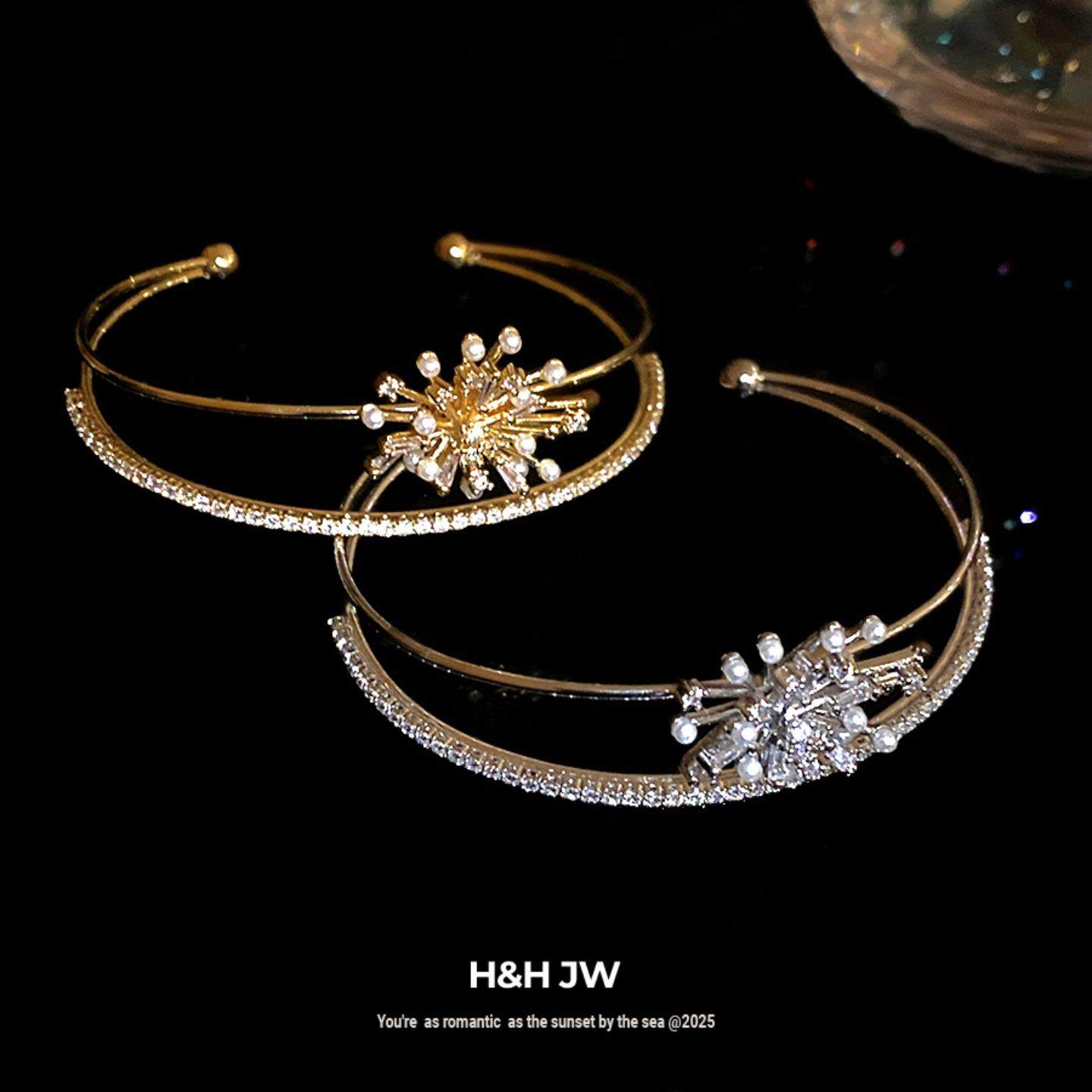 锆石珍珠烟花双层时尚开口手镯复古精致气质手环轻奢高级感手饰女