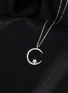 胖胖s999纯银星月项链轻奢设计月亮星星纯银项链镶钻高级感锁骨链