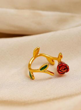 复古VINTAGE法式浪漫红色玫瑰花滴釉戒指个性时尚绿色叶子开口戒